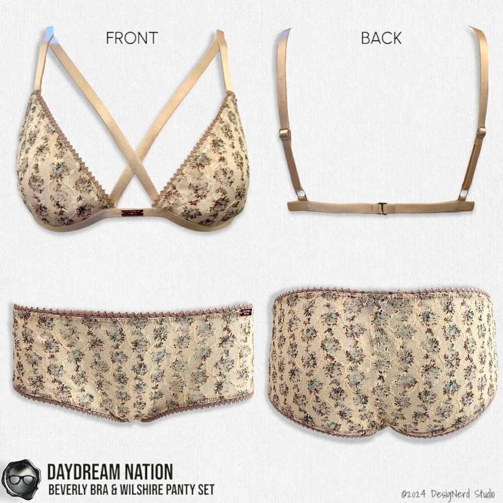 Daydream Nation Beverly Bra & Wilshire Panty Set In Tan Dainty Floral Mesh Lace